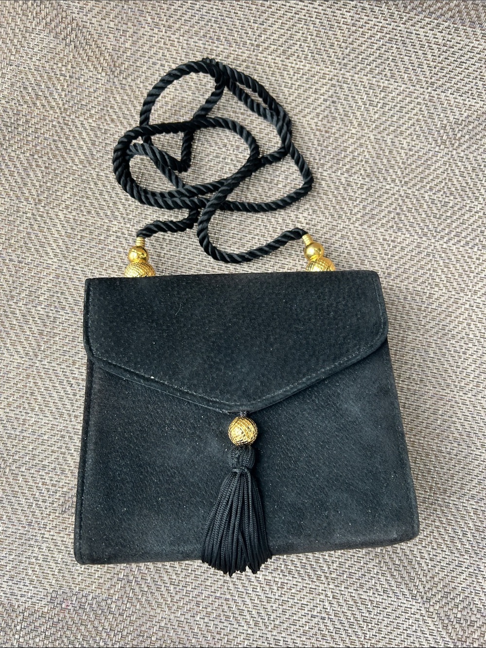 Vintage Mary Kay Cosmetics mini black Elegant Suede Tassel Shoulder Bag.